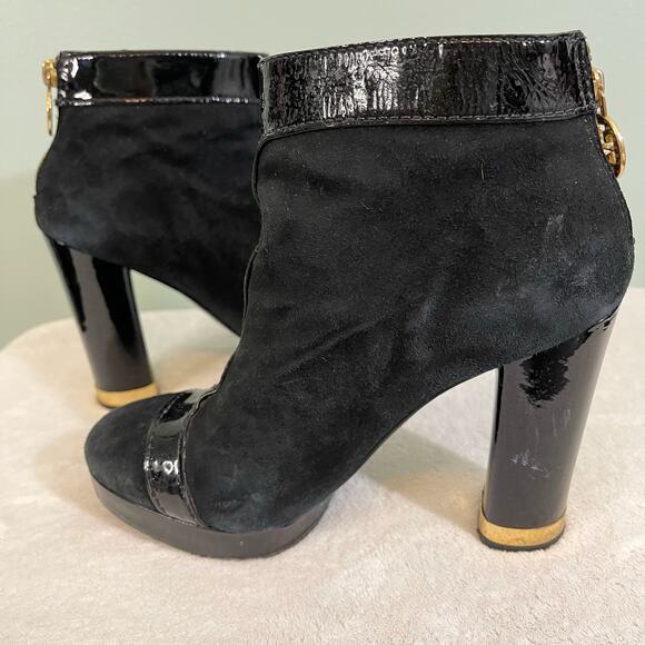 TORY BURCH Booties Womens 5.5 Suede Leather Zip Pull On Block High Heel Black - Picture 5 of 13